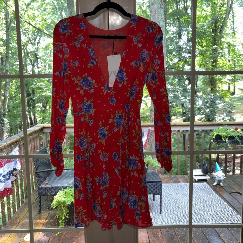 Zara Red Long Sleeve Sundress with Bishop Sleeves
